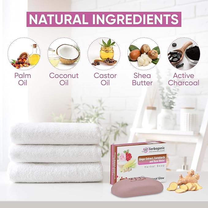 HERBOGANIC Ginger Extract, Cornstarch and Rose Water Herbal Soap | Pack of 6 of 5oz soap Bar | Ideal for Men and Women, Soothing and Nourishing Soap for Moisturization