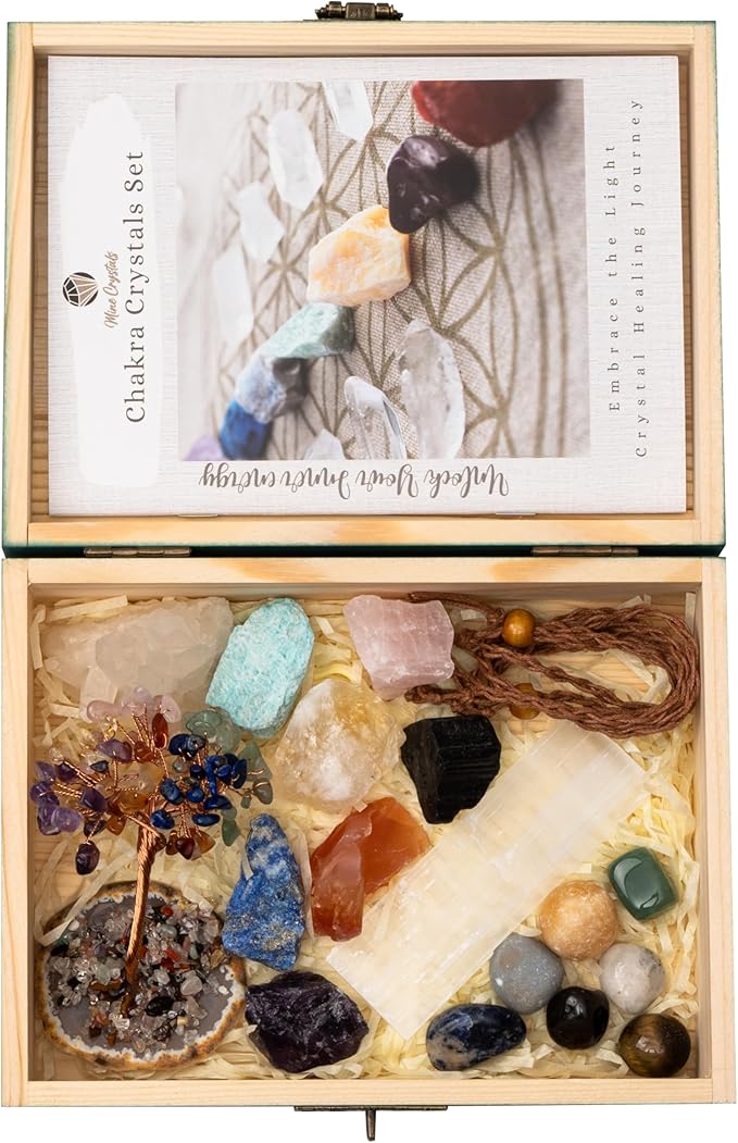 Crystals and Healing Stones Chakra Set Authentic Natural Raw Crystals Gemstones Kit Spiritual Gift - Quartz Colony Selenite Wand Rose Quartz Reiki Yoga Meditation