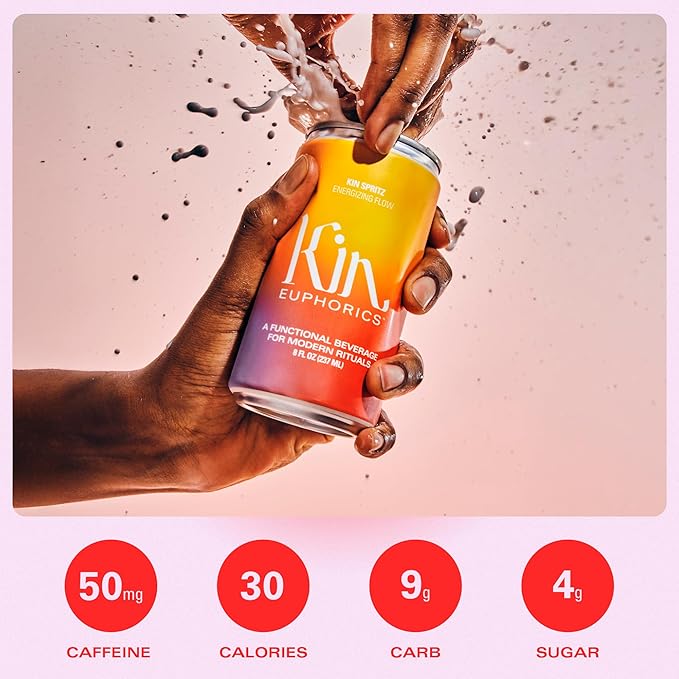 Kin Euphorics Kin Spritz Non-Alcoholic Functional Beverage | Invigorating Booster | Adaptogen & Nootropic Drink | Rhodiola Rosea, 5-HTP, GABA | Ready to Drink | 8 Fl Oz (12pk)