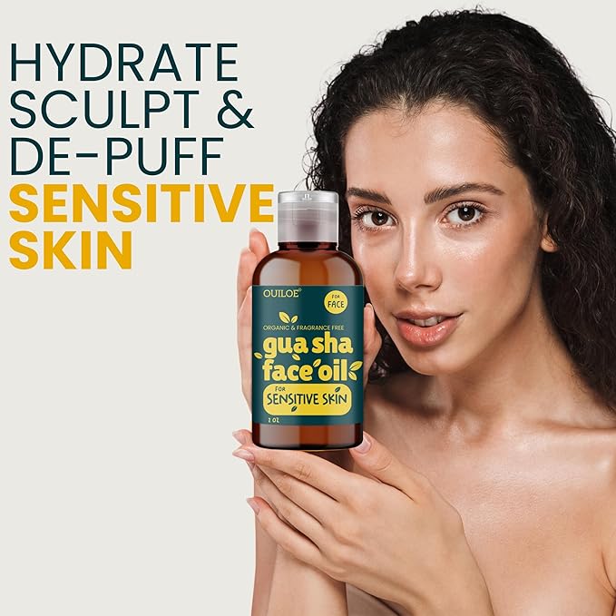 Gua Sha Oil for Sensitive Skin - Face Oil Gua Sha Massage - Lymphatic Anti Aging Facial Massage Oil - Safe for Acne Prone Skin, Non Comedogenic, Fragrance Free, Natural & Non Greasy, 2oz