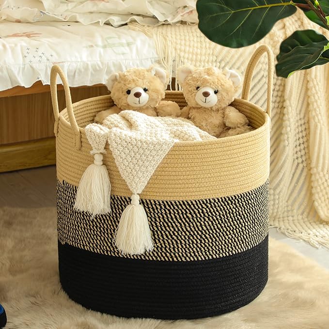 KAKAMAY Large Blanket Basket (18"x18"x16"),Woven Baby Laundry Hamper for Storage, Cotton Rope Blankets Baskets for Nursery, Laundry, Living Room, Pillows, Baby Toy Chest with Handles (Black)