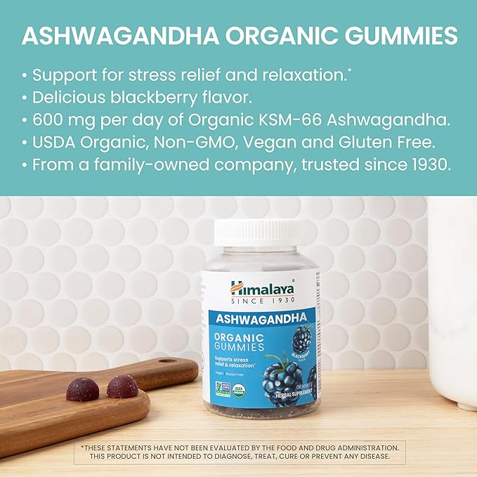 Himalaya Ashwagandha Organic Gummies, KSM-66 Organic Ashwagandha to Help with Stress Relief, Energy and Relaxation, 60 Gummies with Delicious BlackBerry Flavor