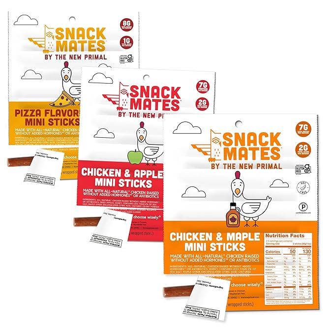 Snack Mates by New Primal Sampler Three Flavor Pack, Mini Chicken Sticks, High Protein and Low Sugar Kids Snack, Certified Gluten Free, Soy Free, Certified Paleo, Lunchbox Friendly, 15 Count