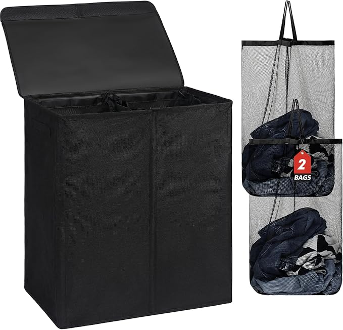 DOKEHOM 150L Double Laundry Basket with Lid and Removable Laundry Bags, Large Collapsible Laundry Hamper with 2 Sections for Bedroom, Bathroom, Laundry Room, Colloge (Black)