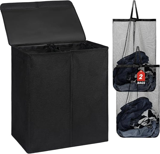 DOKEHOM 150L Double Laundry Basket with Lid and Removable Laundry Bags, Large Collapsible Laundry Hamper with 2 Sections for Bedroom, Bathroom, Laundry Room, Colloge (Black)