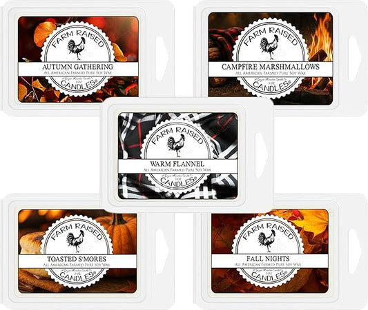 Farm Raised Candles – Cool Weather Wax Melts 5-Pack (16 oz Total) – Autumn Gathering, Warm Flannel, Fall Nights, Campfire, and S’mores – Hand-Poured in the USA