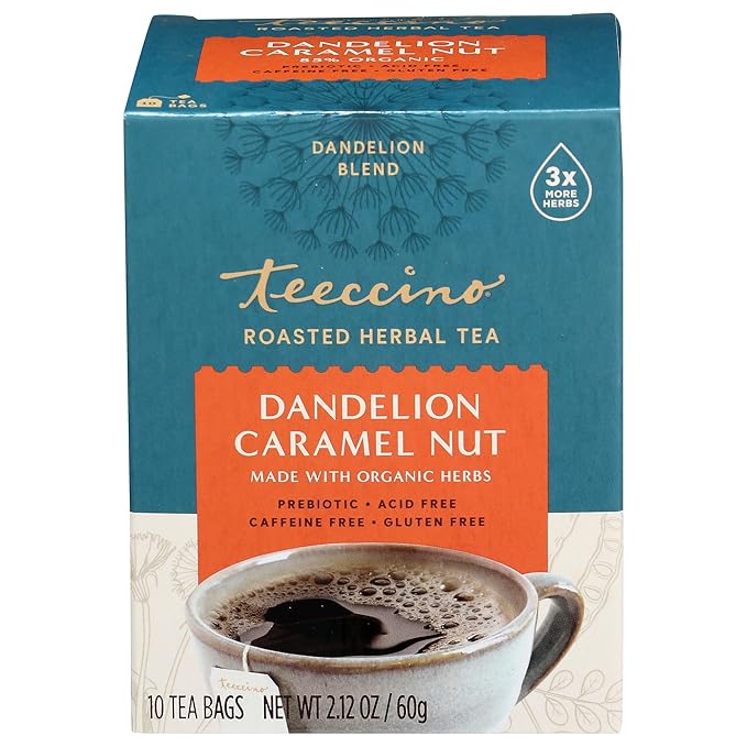 Teeccino Dandelion Tea – Caramel Nut - Roasted Herbal Tea | Organic Dandelion Root | Prebiotic | Caffeine Free | Gluten Free | Acid Free, Coffee Alternative, 10 Tea Bags