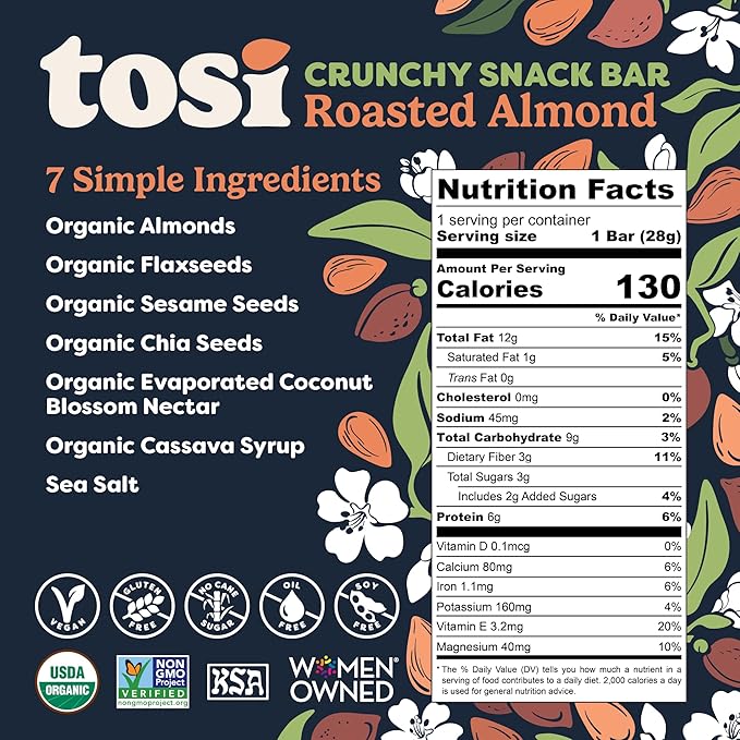 Tosi Variety Pack Protein Bars, Plant Based with Nuts, Gluten-Free Crunchy Snacks, Vegan, Organic, Flax & Chia Seeds, Soy-Free, Omega 3s, 5G-20G Protein, 1 oz and 2.4 oz, 8-Pack