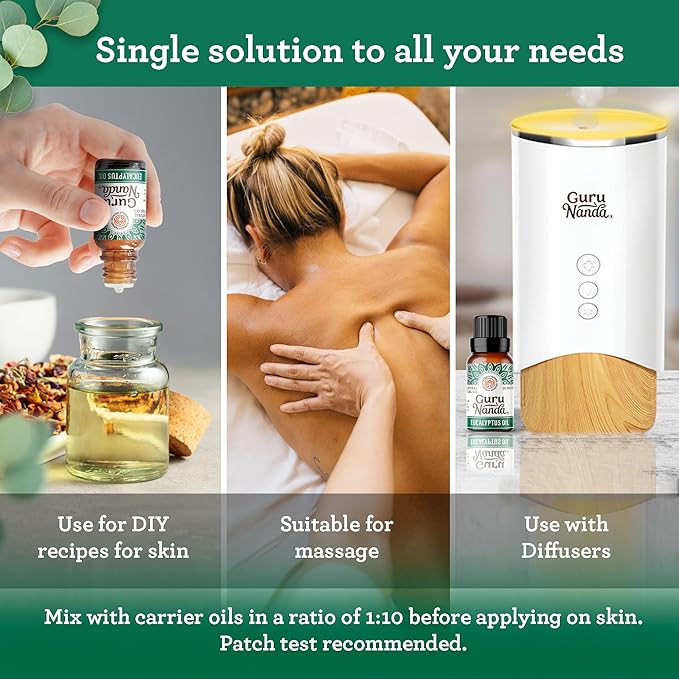 GuruNanda Eucalyptus Essential Oil -100% Pure, Natural and Undiluted Aromatherapy Oil for Diffusers - Enhances Your Breathing Space - Perfect for Massages (2X0.5 Fl Oz)