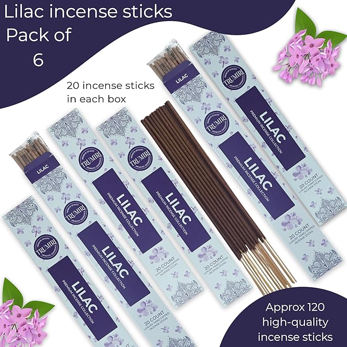 Lilac Incense Sticks - Total 120 Insence-Sticks - 6 Packs of 20 Insense - Inciensos - Inscents - Natural Non Toxic Ingredients - Incents - Incence - Inscense - Insents