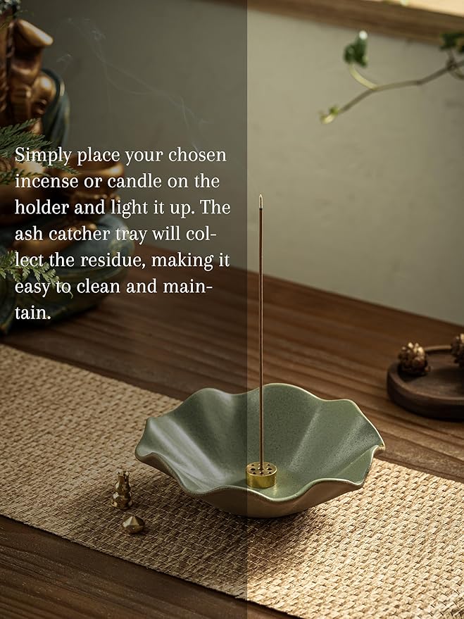 Incense Holder with 3 Incense Sockets 6 Inch Incense Burner 4 in 1 Insence-Stick Holder Lotus-Shaped Bowl Incense Holder for Sticks Modern Incense Cone Burner for Yoga, Green