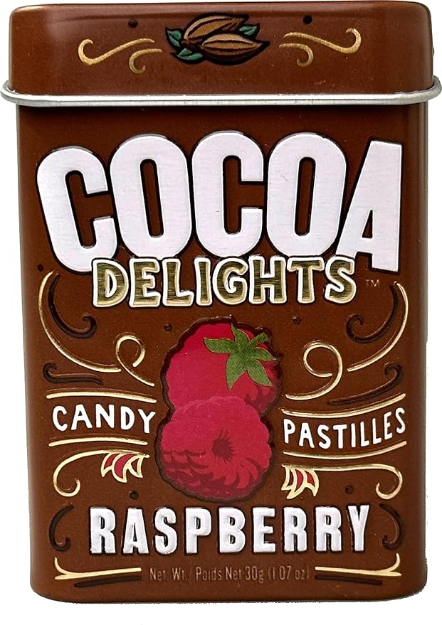 Cocoa Delights Chocolate Raspberry Candy | Made with Real Cocoa and All Natural Flavor, No Artificial Colors | Kosher Certified, Vegan, Gluten Free | Aspartame & Xylitol Free | 30 Count Tin (Pack of 12)