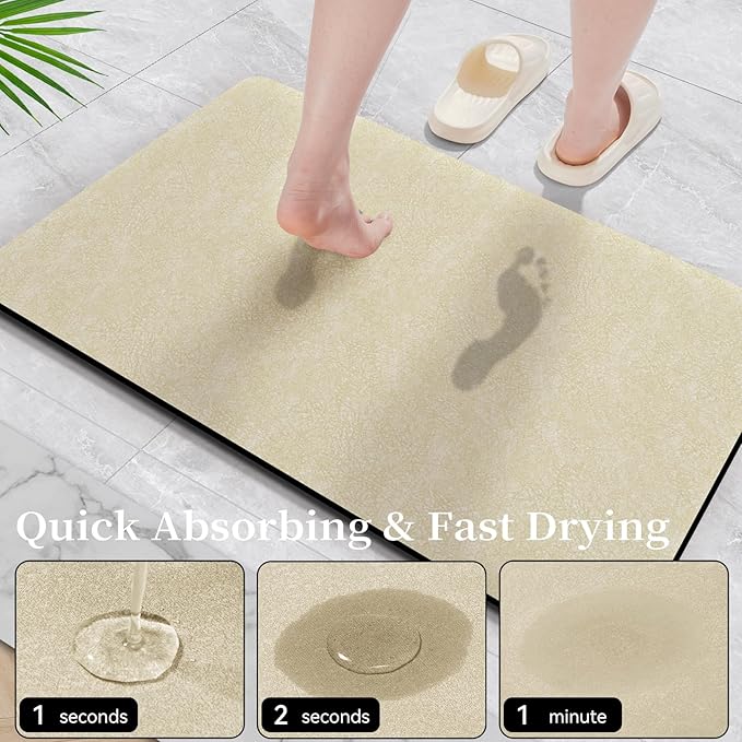 Bath Mat Rugs 32x17 - Diatomaceous Earth Bath Mats Quick Dry Absorbing Bathroom Rugs Rubber Non Slip Thin Bathroom Mat Fit Under Door, Bath Mat for Bathroom Floor, Tub and Shower, Sink, Beige