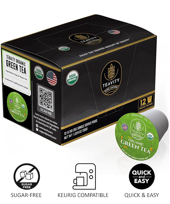 Organic Green Tea Pods for Keurig - Unsweetened Green Tea for K Cup Machines by Teavity (36 Tea Pods)