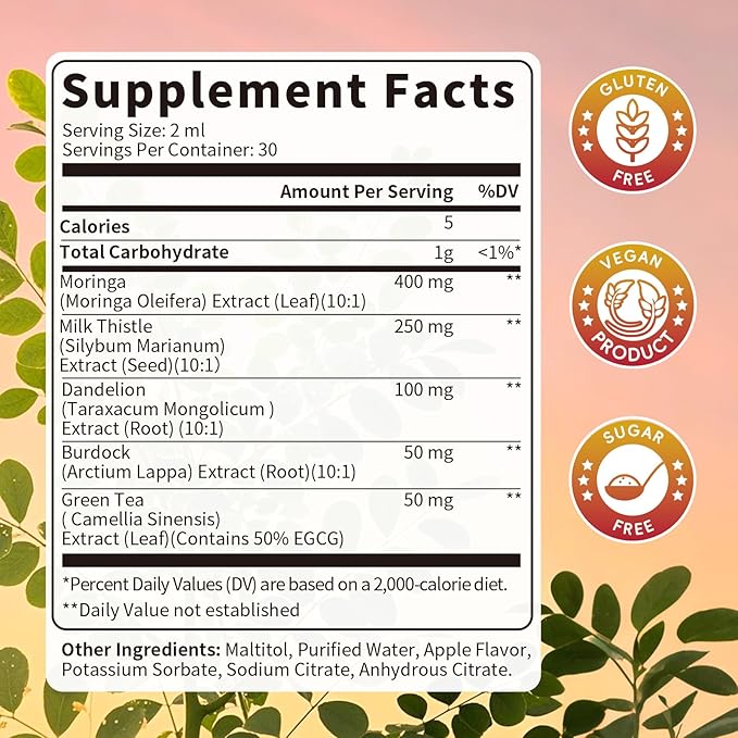 Milk Thistle Liver Detox Drops Apple Flavor – Liver Cleanse Detox & Repair with Moringa, Dandelion, Burdock & Green Tea – Herbal Liquid Supplement for Liver Support & Liver Health, Vegan, 2 Fl Oz