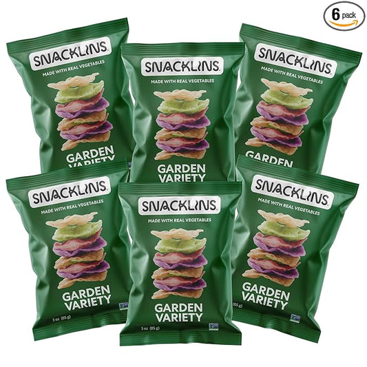 SNACKLINS Plant Based Crisps - Garden Variety - Vegan Healthy Snacks - Gluten Free, Grain Free, Plant Based Crisps, 100% Kosher For Passover, Low Calorie - No Added Sugar, Crunchy, Puffed Snack - 3oz Bag (Case Of 6)