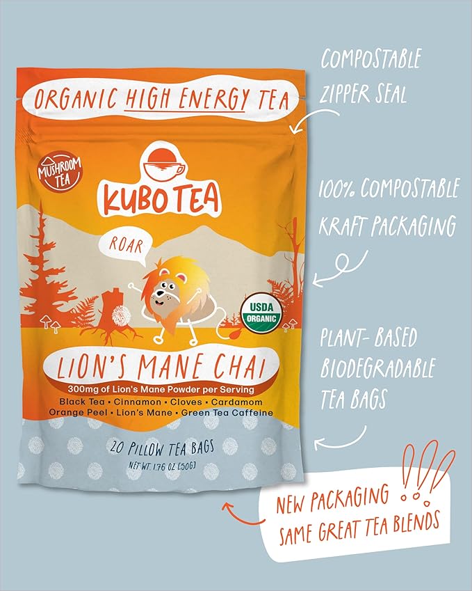 Kubo Tea Lion's Mane Black Tea - High Caffeine Coffee Substitute w/ 20 Servings (155mg Caffeine Each) - Organic Lion's Mane Tea Bags with Pillow Bag Design, Biodegradable and Compostable Packaging