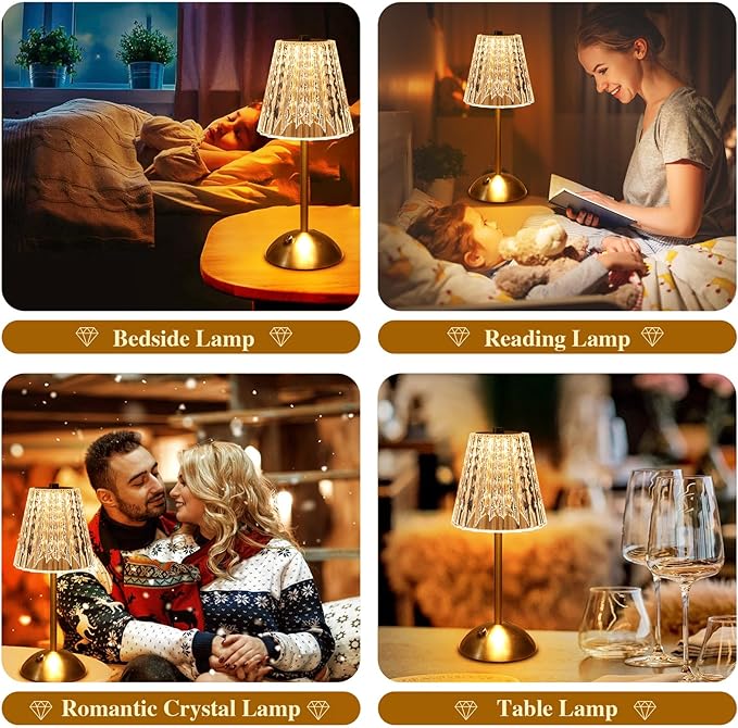 Cordless lamp,Dimmable Crystal Table Lamp 3 Colors LED Gold Lamp,Touch Lamp Diamond Crystal Lamp, Rechargeable Small Lamp, Wireless Lamp Vintage Lamp for Bedroom Living Room Bathroom Hotel Bar