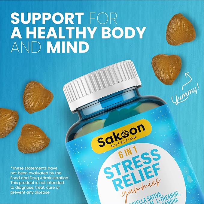 6-in-1 Stress Relief Gummies 60ct - Aids Relaxation with Ashwagandha, GABA, L-theanine, Lemon Balm, Chamomile, Black Cumin Seed Nigella Sativa. Improved Deep Sleep, Joint Support - 60 gummies