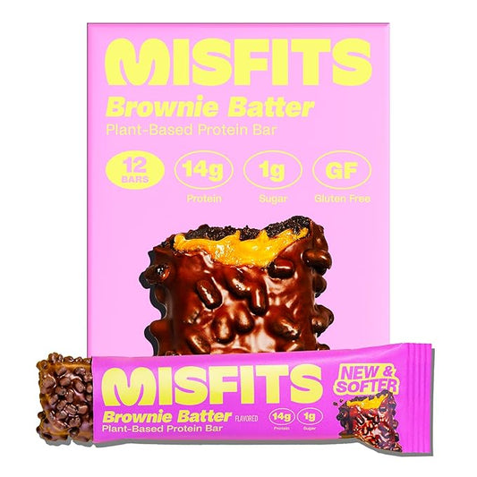 Misfits Vegan Protein Bars, Brownie Batter - Updated Recipe | Plant Based, Low Sugar & Carb, High Fiber Snacks | Pack of 12