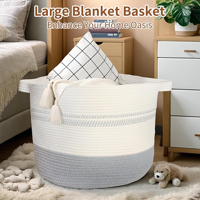 55L Woven Cotton Rope Storage Basket with Handles: 17.7"x13.7" Laundry Hamper for Clothes, Blanket Baskt, Nursery Storage and Laundry Basket for Toys, Towels, Books, Light grey
