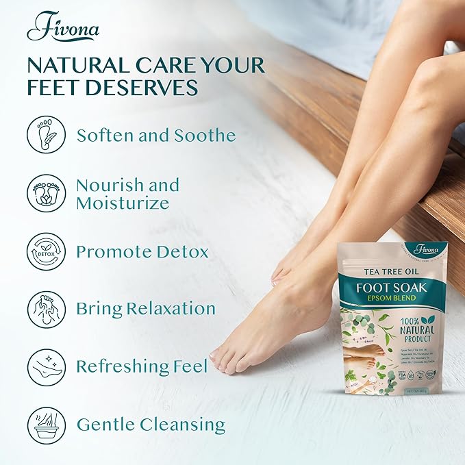 Fivona Tea Tree Foot Soak Blend 14.1 oz - Epsom Salt with Essential Oils for Healthy Toenails, Soothing Relief, Callus Softening - Pedicure Therapy for Soft, Rejuvenated Feet