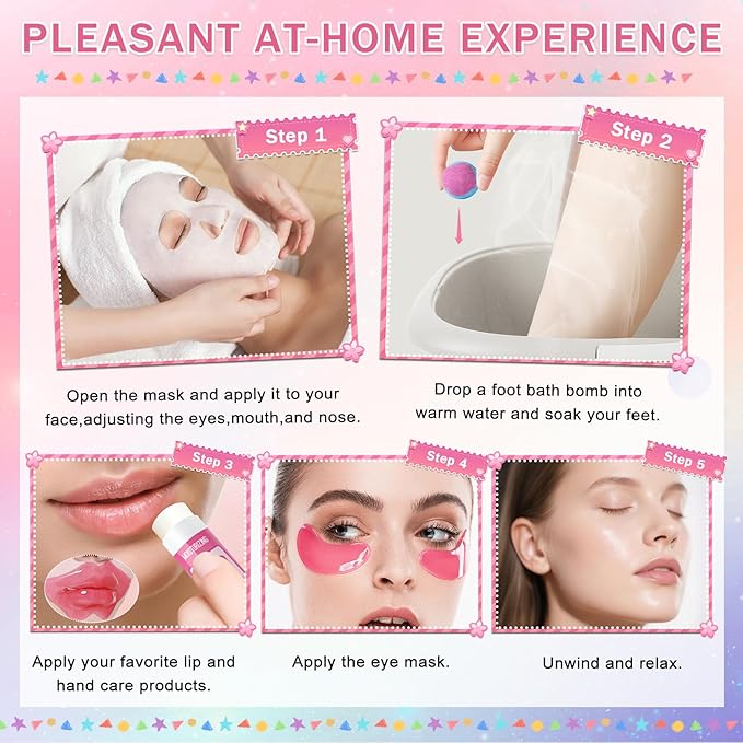120 PCS Spa Party Supplies for Girls & Women,Spa Party Favors Include Face Masks Skincare,Hand Cream,Lip Balm,Eye Masks,Lip Mask,Foot Bath Bombs,Slumber Sleepover Party Supplies for Girls