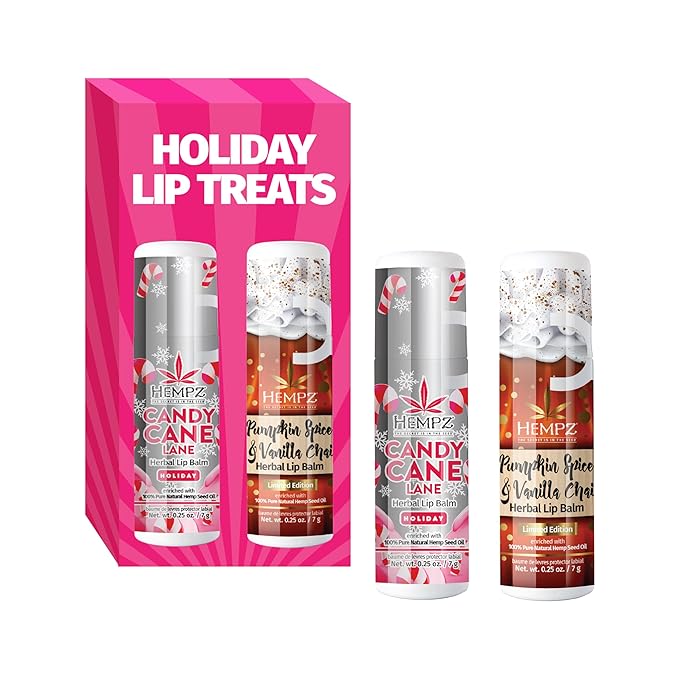 Hempz Fall Lip Balm, Limited Edition 2-Pack, Pumpkin Spice and Peppermint Candy Cane, Hydrating Lip Care for Men and Women, .25 oz tube