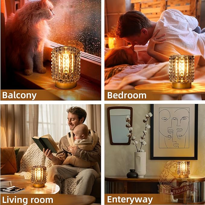 Battery Operated Lamp with Timer, Mini Crystal Table Lamps for Home Decor, Small Cordless Lamp for Areas No Outlets, Glass Battery Powered Lamps for Entryway, Bedroom, Bathroom, Shelf, Corner(Gray)