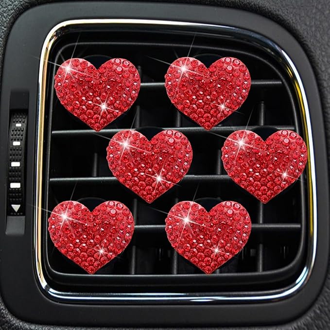 6 Pcs Heart-Shaped Crystal Diamond Air Vent Clip, Heart-Shaped Bling Charms Crystal Car Freshening Diffuser, Car Bling Interior Decorative Accessories for Women (Red)