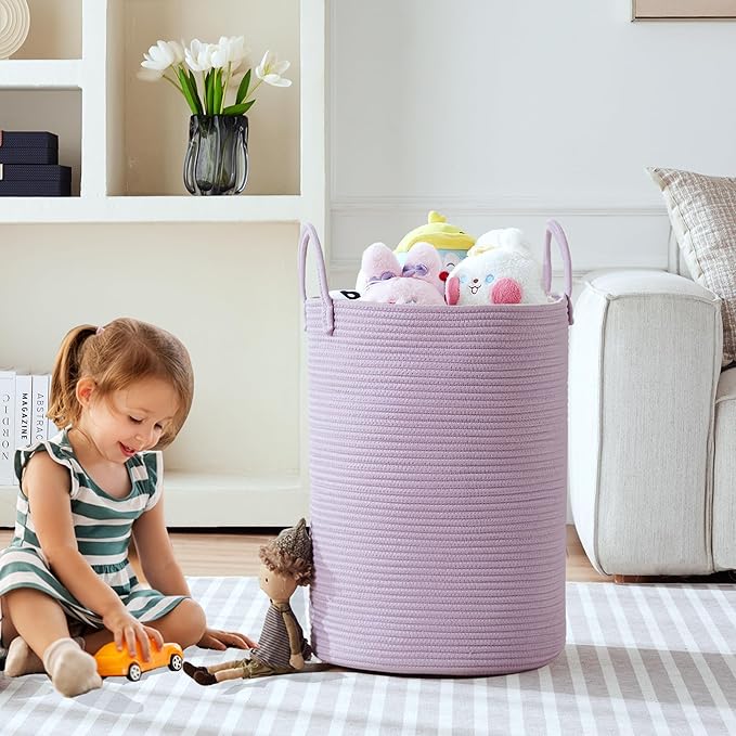 80L Extra Large Purple Hamper Laundry Basket for Nursery Kids16Dx22H inches Tall Lavender Blanket Basket for Girls Cotton Rope Lilac Clothes Hamper in Bedroom