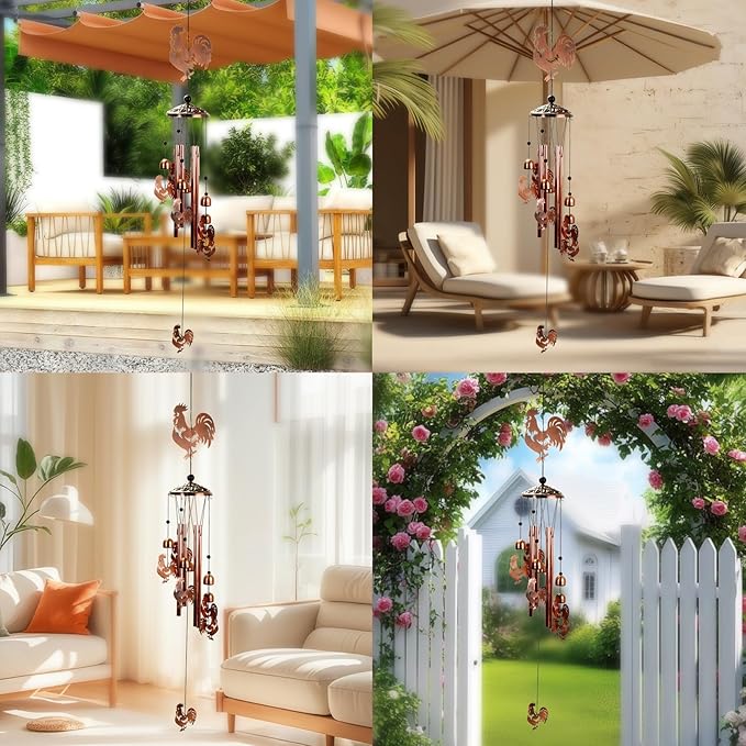 Copper Tone Animal Wind Chimes for Outdoors/Indoors - Rooster Designs - Garden, Patio, Yard, Home Decor, for Women, Men, Mom, Birthday, Memorial, Housewarming (Rooster)