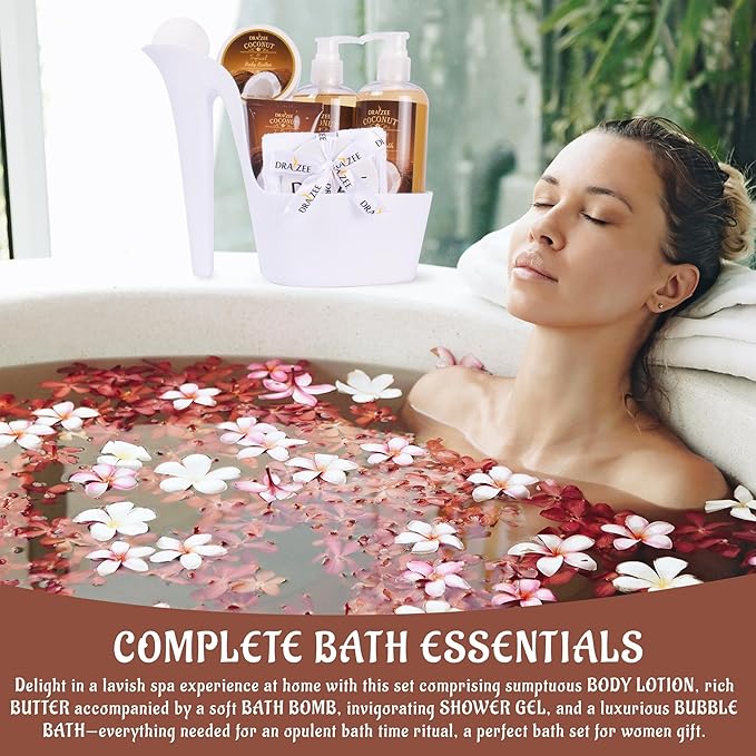Luxury Spa Gifts for Women – 8 Pc Coconut Scented Bath and Body Set with Bubble Bath, Lotion & More – Luxury Self Care Kit for Wife, Mom, Best Friend, Girlfriend, Anniversary Gift by Draizee