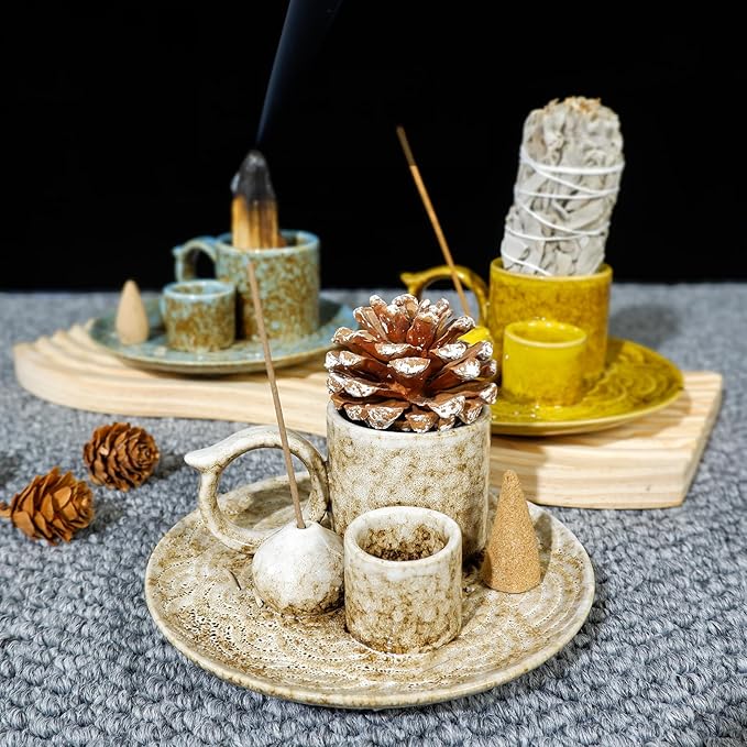 5.1-Inch 5-in-1 Yellow Ceramic Incense Holder - Fits Palo Santo, Sage, Incense Sticks/Cones, Small Candle, Smudge Burning Tray.Zen Altar for Meditation/Yoga, Aromatic Scents, Matches Friendly