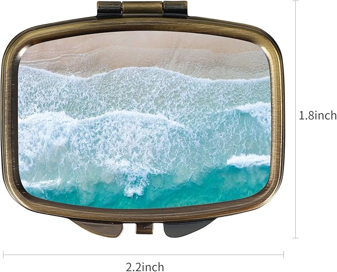 Dynippy Pill Case Pill Box with Mirror Retro Pocket 2 Compartment Medicine Case Vitamin Pill Organizer for Pocket Purse and Travel (A-Sandy Beach)