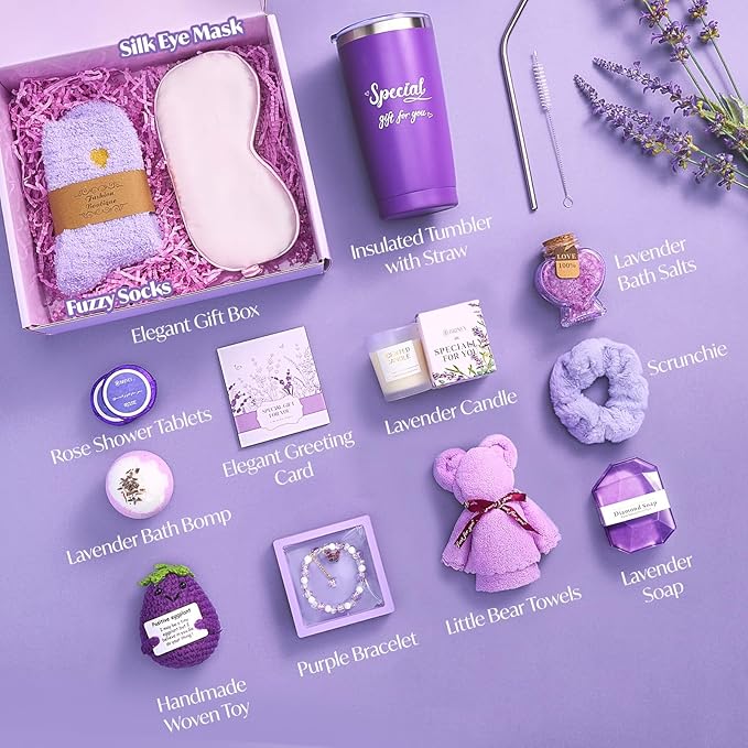 Briney 14Pcs Birthday Gifts for Women, Care Package for Women, Gift Basket, Unique Relaxing Lavender Themed Present for Mom Wife Sister Best Friend, Purple