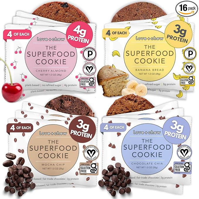 Love + Chew, Variety Pack of Minis - 16 Count - Tasty Gluten Free Cookies - Vegan - Healthy, Paleo, Non GMO Snacks - Individually Wrapped, Soft Baked Cookies - Made from High Protein Almonds - 1 Ounce Each