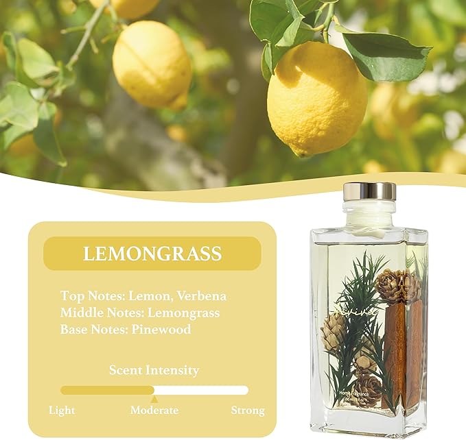 Reed Diffuser Set, 5 fl oz Lemongrass Scented Oil Diffuser, Home Fragrance with Cotton Reed Sticks for Bedroom, Office, Bathroom Shelf Decor & Gifts