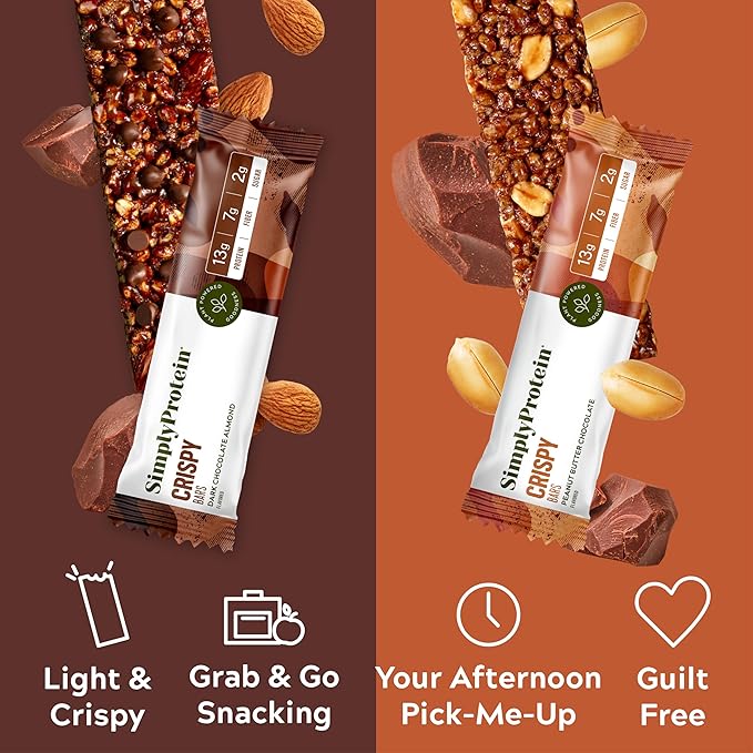 Simply Protein - Crispy Bars Variety Pack, Peanut Butter + Dark Chocolate Almond - Plant Based Protein Bars - 13g Protein, 2g Sugar, 7g Fiber - Vegan, Gluten Free, Non GMO - 16 Bars, 2 Boxes