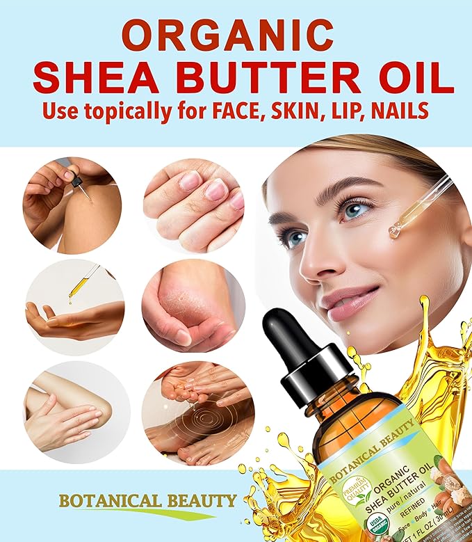 Botanical Beauty Organic SHEA BUTTER OIL 100% Pure Natural Undiluted Refined Cold Pressed Carrier Oil for Face, Skin, Hair, Lip, Nails. African Shea (Karite) Nut Oil (1 Fl Oz)