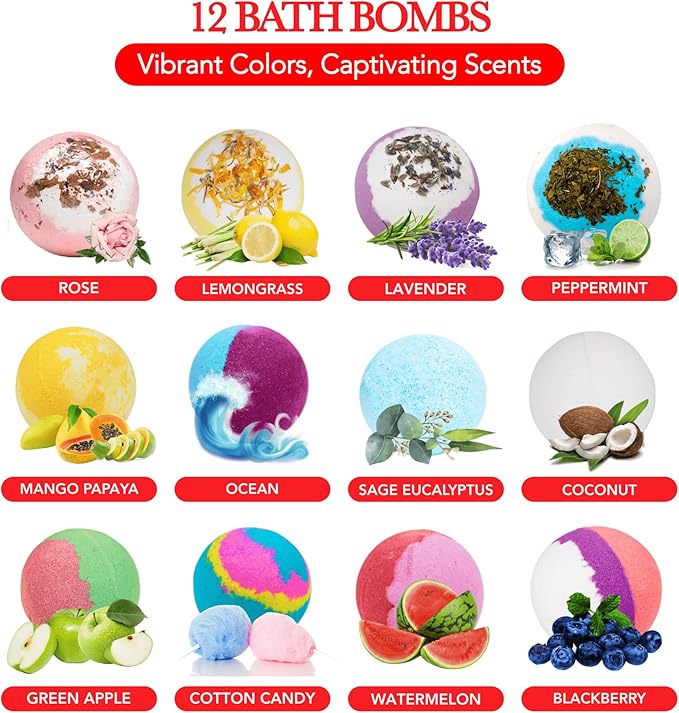 12 Large Bath Bombs Gift Set for Women - 3 Oz Handmade Organic Fizzies With Moisturizing Shea Butter - Perfect for Bubble Spa Relaxing - Gift for Her, Girls, Wife, Mother