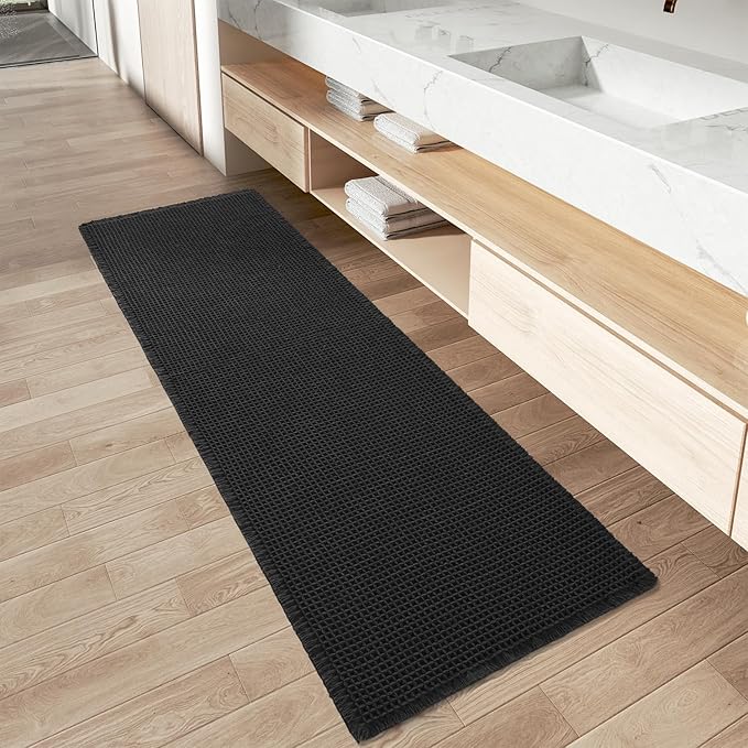 AMOAMI Upgraded Waffle Runner Rug Super Absorbent Non Slip Bath Mats for Bathroom Machine Washable Bathroom Runner Rug with Tassels, Ideal for Hallway Bedroom Laundry Room, 2'x 4'(24" x 48"), Black