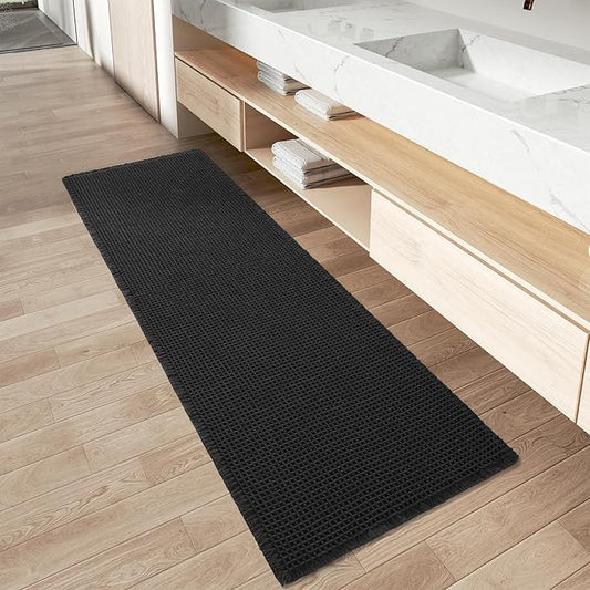 AMOAMI Upgraded Waffle Runner Rug Super Absorbent Non Slip Bath Mats for Bathroom Machine Washable Bathroom Runner Rug with Tassels, Ideal for Hallway Bedroom Laundry Room, 17" x 72", Black