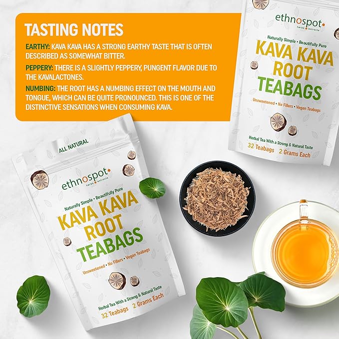 Kava Kava Root Teabags - Kava Kava Tea Pure - 100% Natural Herbal Tea for Stress Support Relaxation Improves Mood and Nervous System - Feel Happy Tea - 2 Gram Teabags - 32 Vegan Teabags