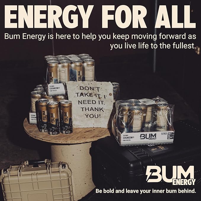 BUM Sugar-Free Energy Drink, Strawberry Lemonade - Lightly Carbonated & No Artificial Colors, Natural Caffeine & Citicoline for Energy, Focus, Brain Boost & Workout Sports Beverage - 12 oz, Pack of 12