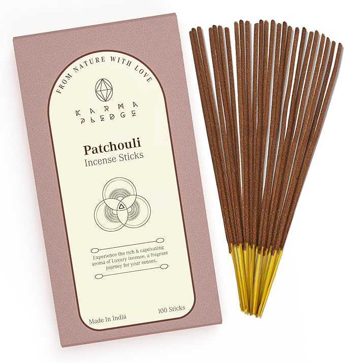 Patchouli Incense Sticks, Organic Hand Dipped 100 Sticks with Natural Herbs & Aromatic Ingredients, Burn Time 45 to 60 Minutes, Incense for Positivity, Yoga, Meditation, Relaxation, Spiritual Gift