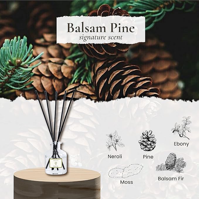 PRISTINE Balsam Pine & Fir Wood Fragrance Reed Diffuser, Oil & Room Diffusers with Reeds Stick Set | Refreshing Home Fragrance Scent Diffuser