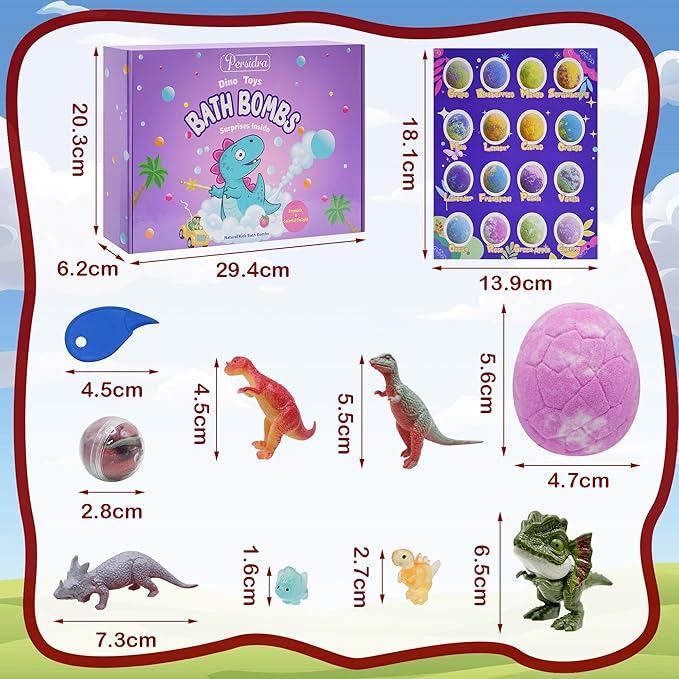 Bath Bombs for Kids with Surprise Inside, 16 Pack Kids Bath Bombs Gift Set for Easter Basket Stuffers, Dino Egg Bath Bomb Kit with 5pcs Dinosaur Bath Toy for Boys Girls Birthday,Christmas