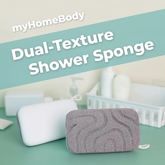myHomeBody Dual-Texture Shower Sponge, Beauty Body Scrubber Exfoliator for Women, Exfoliating Loofah for Men, 2pc