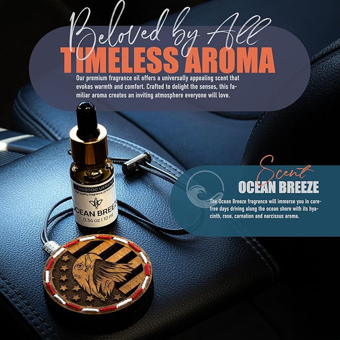 Wood Car Air Freshener — Handcrafted Air Freshener — American Flag Hanging Fragrance Oil Diffuser in Wooden Gift Box — Christmas Gift for Car with Ocean Breeze Fragrance Oil - 10 ml